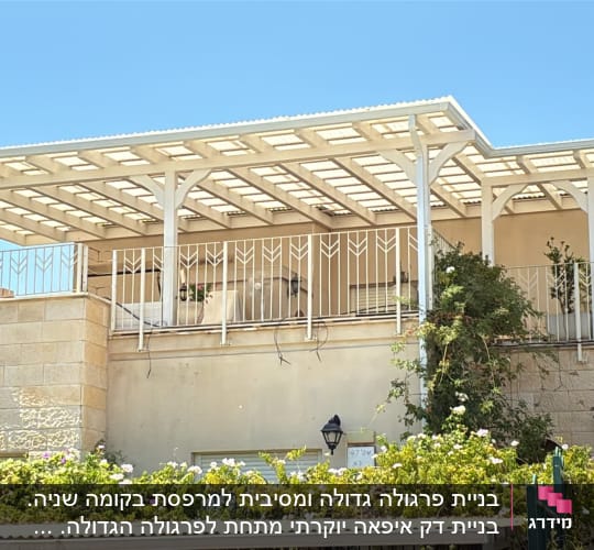 פרגולת עץ לבנה עם קירוי סנטף על מרפסת גג